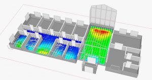 Kuvan mallissa on laskettu IDA-simulointiohjelmiston avulla rakennuksen tilojen päivänvalokertoimet, jotka kertovat tilan eri pisteiden valaistusvoimakkuuden suhteessa ulkotilaan. Tämä helpottaa luonnonvalon hyödyntämistä. Grafiikka Mika Vuolle.