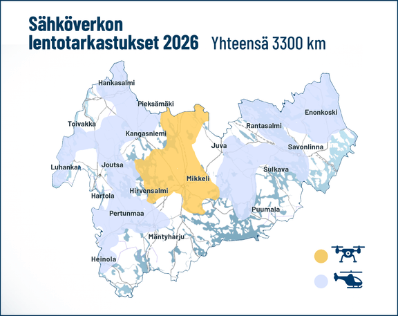 Järvi-Suomen energian vuoden 2026 lentotarkastusalueet kartalla. Sinisellä merkityt tarkastetaan helikopterilla, keltaiset dronelennokeilla. 