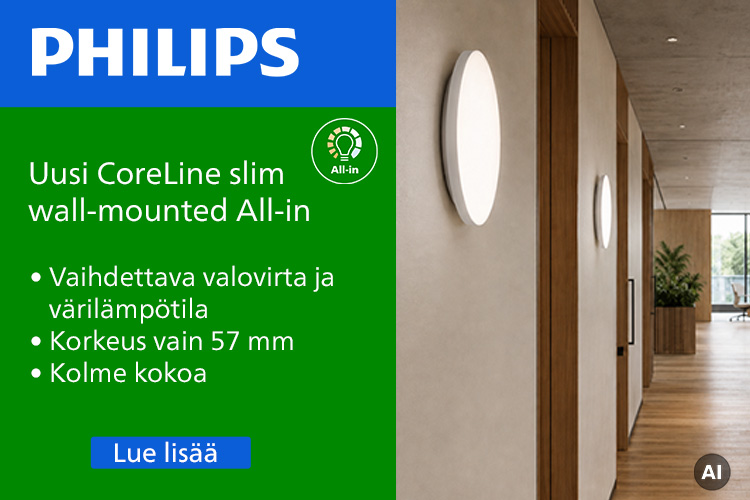 Philips CoreLine slim wall-mounted All-in on matala yleisvalaisin, jossa on vaihdettava valovirta ja värilämpötila.
